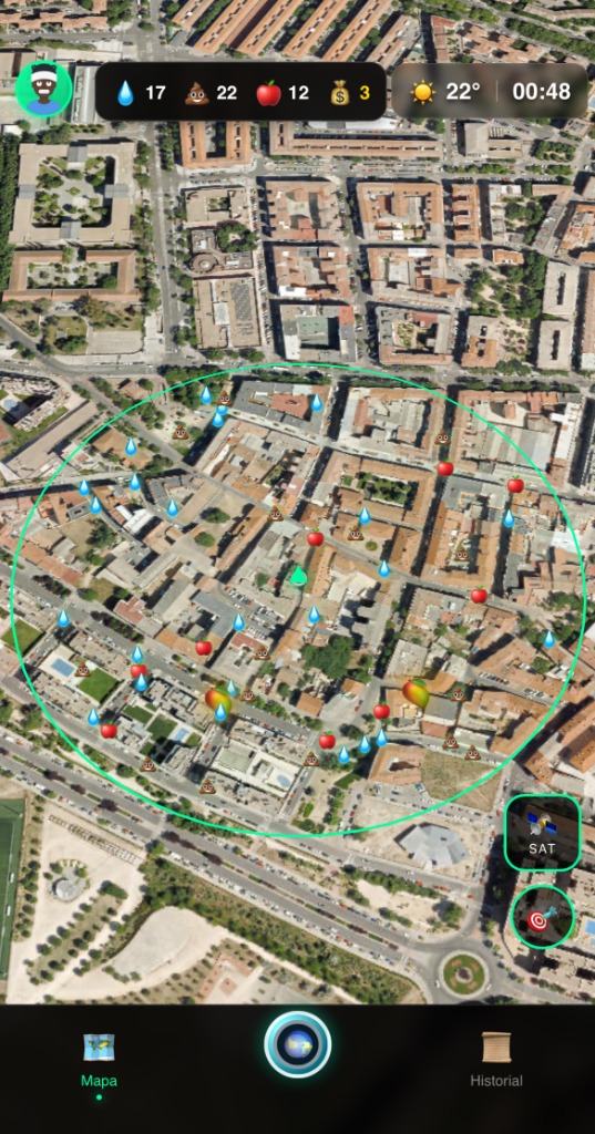 App EARTHWTnF mostrando mapa con nodos de contaminación