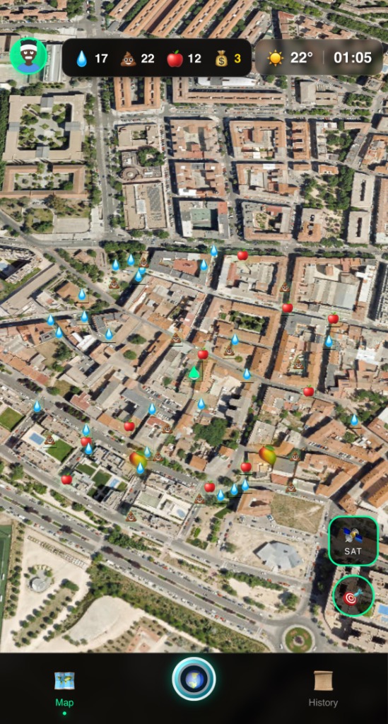 EARTHWTnF app showing map with pollution nodes